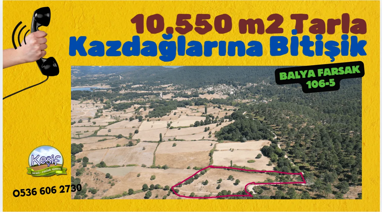 10.550 m2 Resmi Yola Cephe Satılık Tarla. Balıkesir Balya Farsak 106 ada 5 parselde. ahmet aras 0532 063 0758